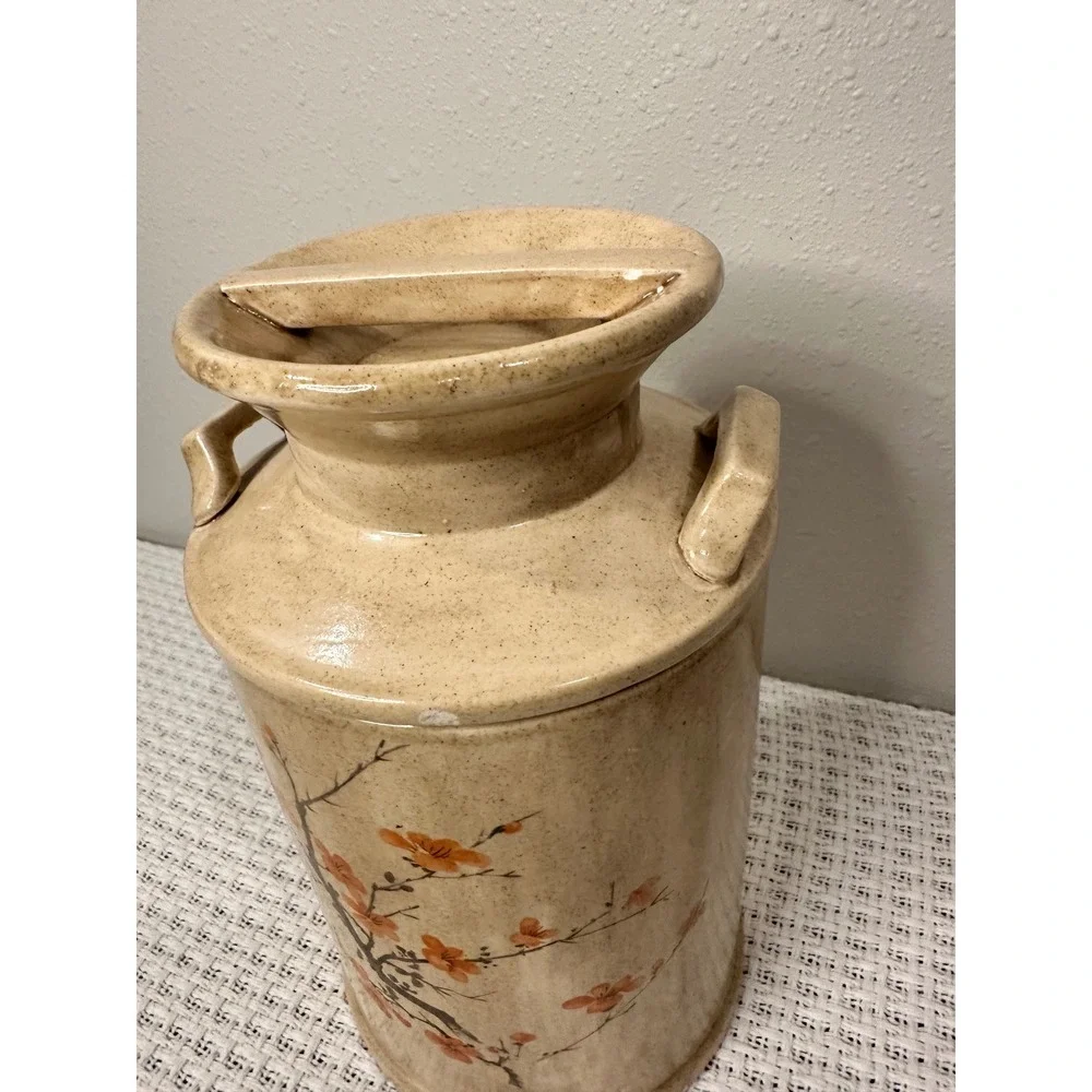 Vintage Ceramic Milk Can Canister 9x5 Tan Orange Cherry Blossom Farmhouse Decor